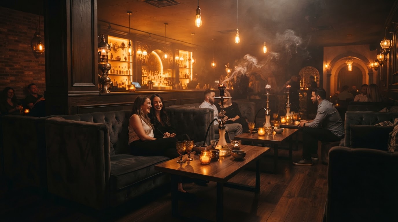 Интерьер лаунжа BG Shisha Lounge в приглушенном янтарном свете