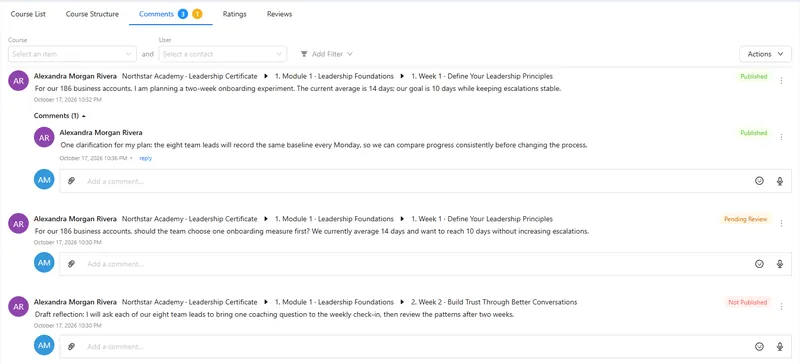 Lesson comments across a course: a published discussion, a question waiting for review and an unpublished reply, with moderation controls.