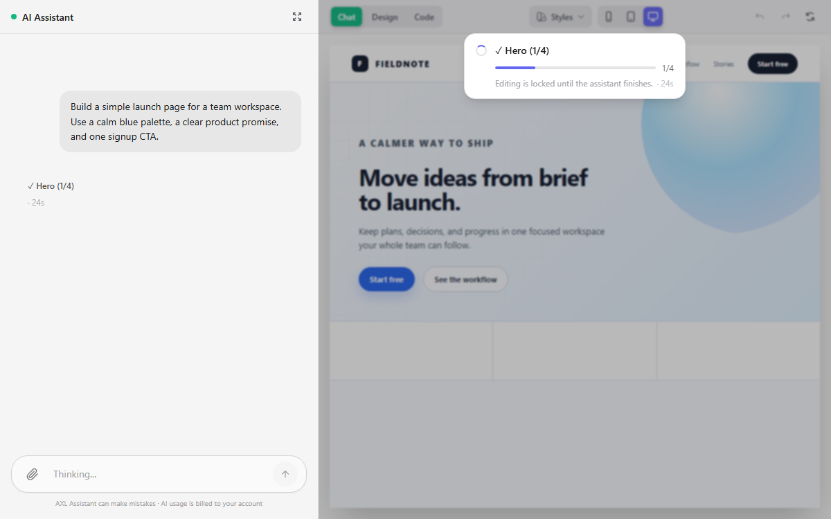 AXL AI page builder with ChatPanel beside the page preview and Hero 1/4 progress in the WorkingOverlay.