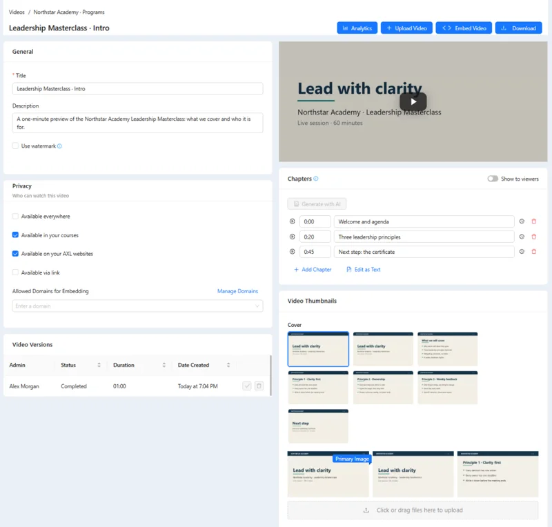 A video's page: title, privacy settings, versions, chapters with timestamps and a grid of cover frames.
