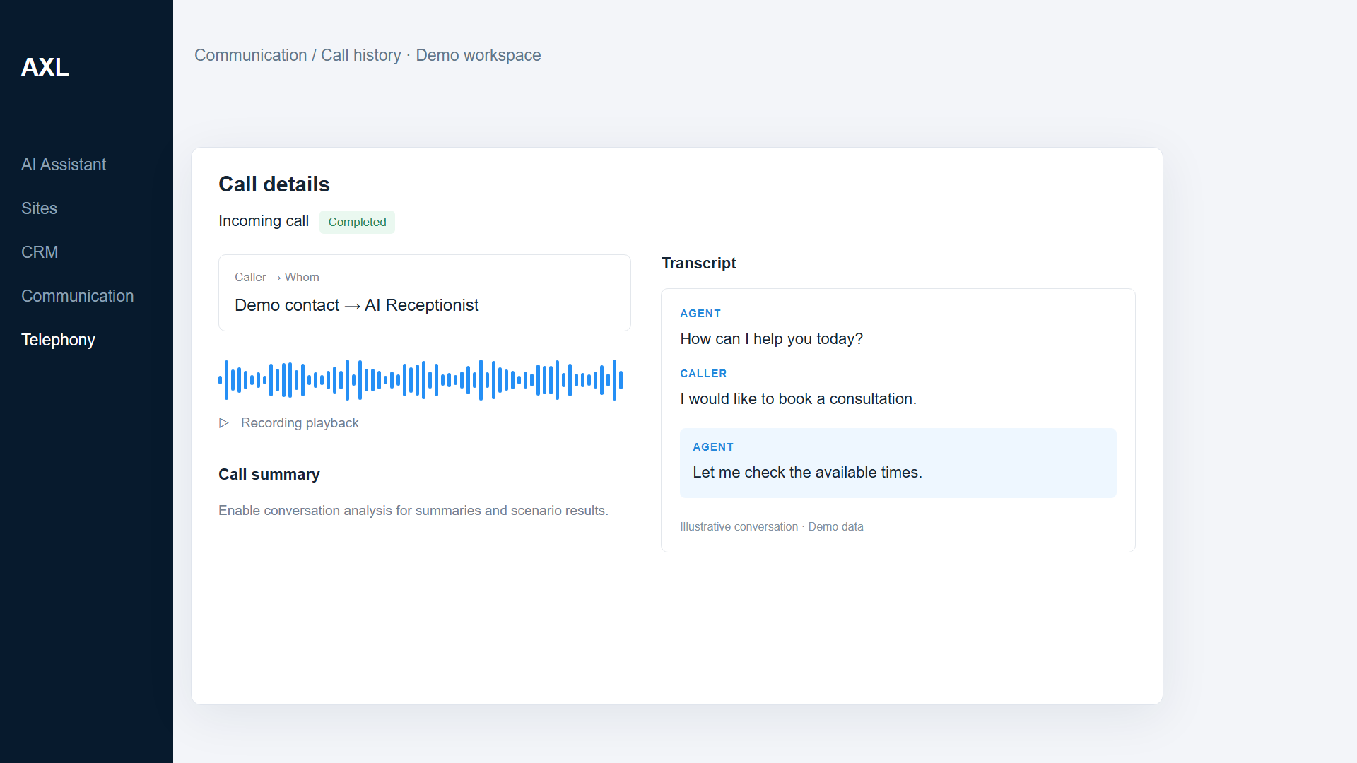 AXL call details with an illustrative transcript