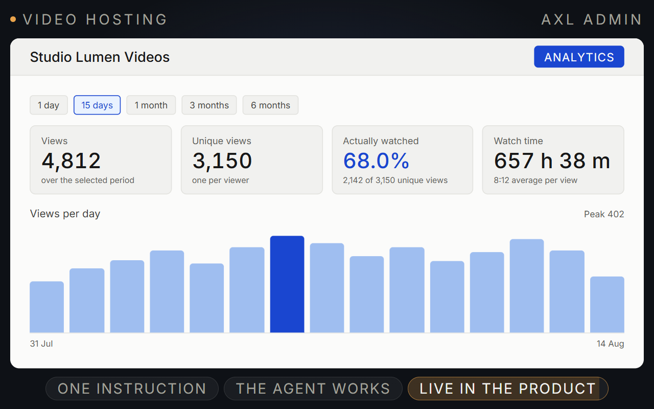 AXL per-video analytics: views, unique views, the share who actually watched, watch time, and a fifteen-day chart of daily views.