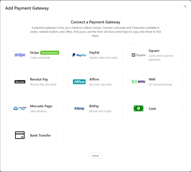Adding a payment gateway in AXL: provider tiles for Stripe, PayPal, Square, Revolut Pay, Affirm, NMI, Mercado Pago, BitPay, cash and bank transfer.