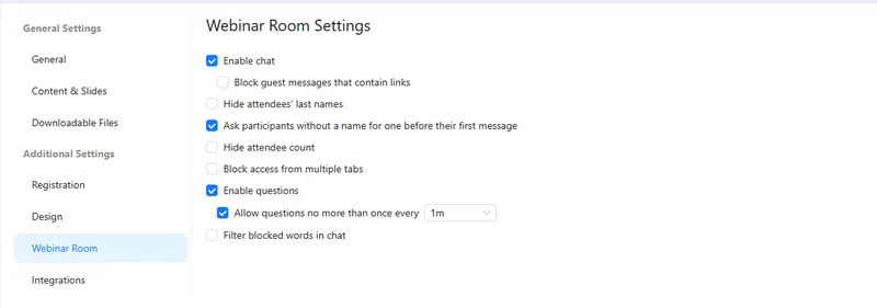 Webinar room settings: chat on or off, links in guest messages, attendee names and count, questions and blocked words.