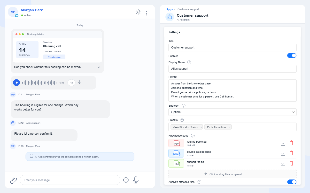 Agent settings showing reply instructions and uploaded knowledge files.