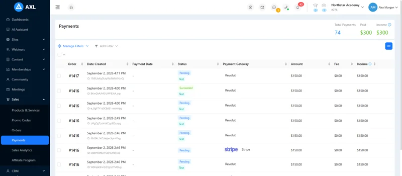 Sales, Payments in AXL: every payment with its order, date, status, gateway, amount, fee and income.