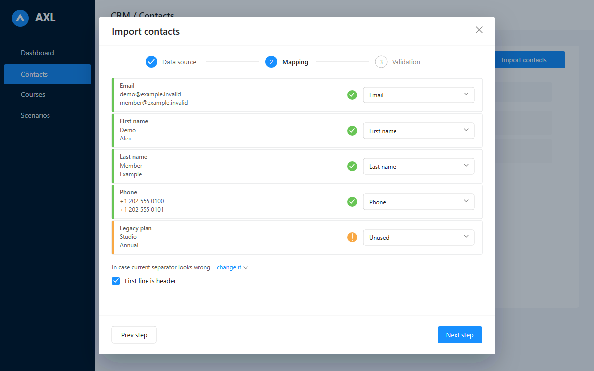 AXL contact import Mapping step previewing five CSV columns mapped to contact fields before validation.