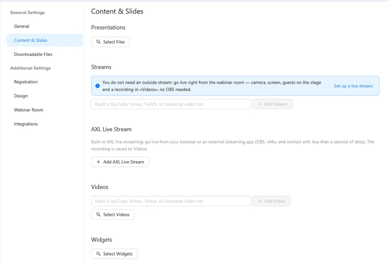 Webinar content settings: presentations, the built-in AXL live stream, videos and widgets prepared before going live.