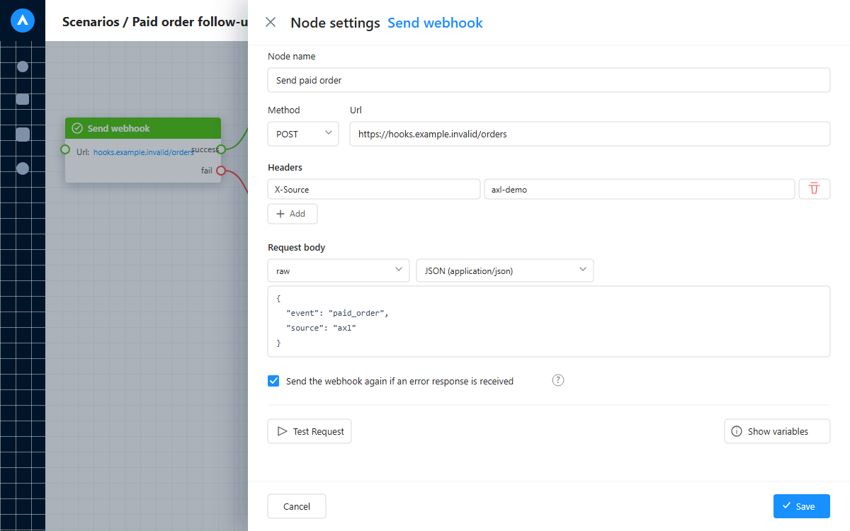AXL Send webhook settings with POST URL, header, JSON body, retry option, test controls and success and fail ports.