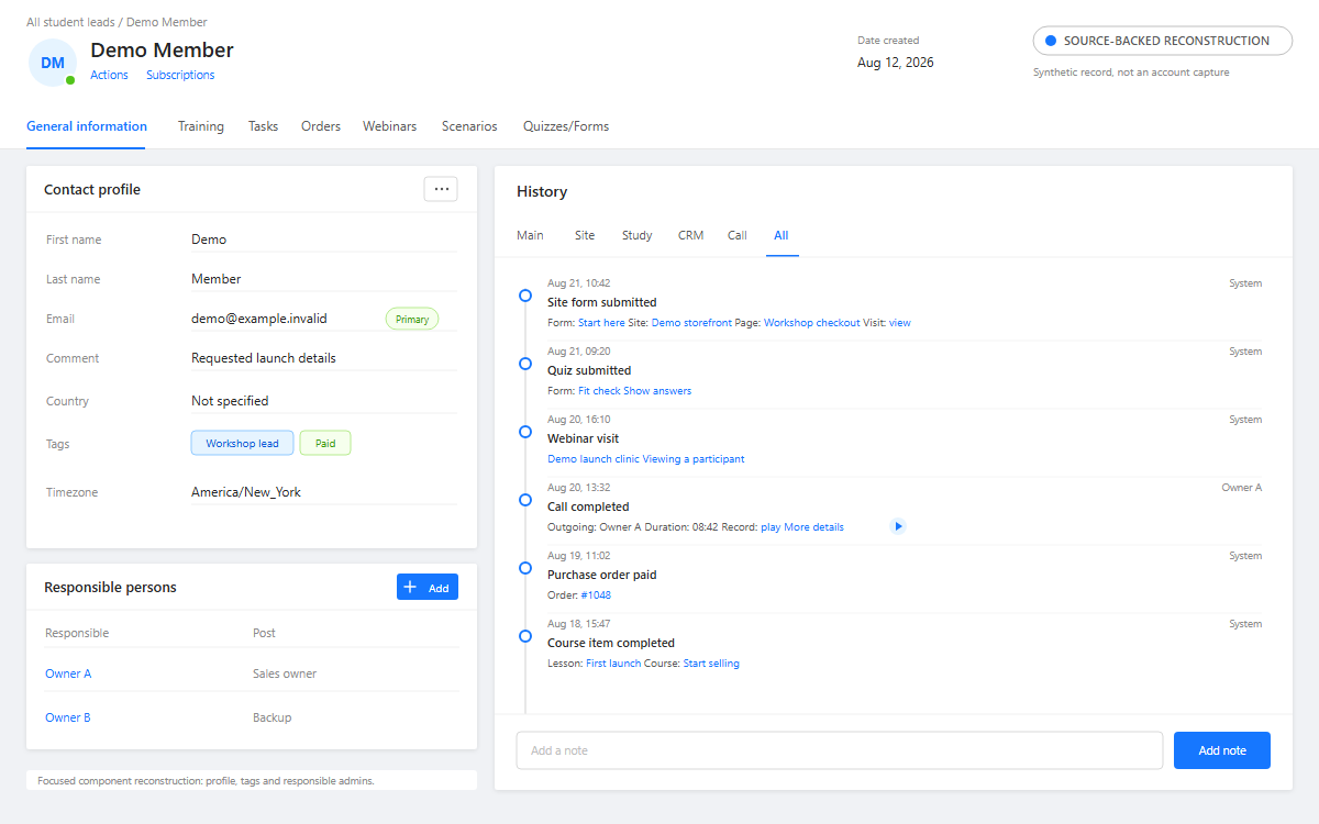 AXL contact record with responsible people and a timeline of a form, quiz, webinar, call, paid order and completed course.