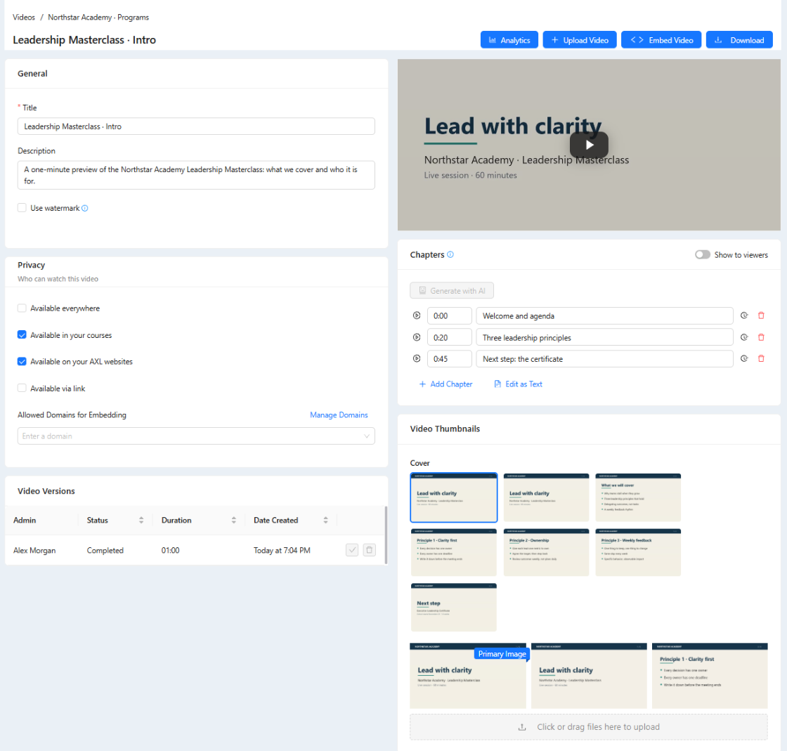 AXL video page: title and description, privacy settings with course and website access ticked, video versions, chapters with timestamps, and a grid of cover frames to choose from.