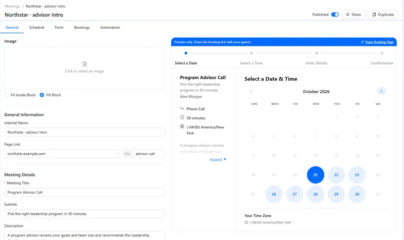 Meeting settings: title, subtitle, description and page link beside a preview of the booking page.