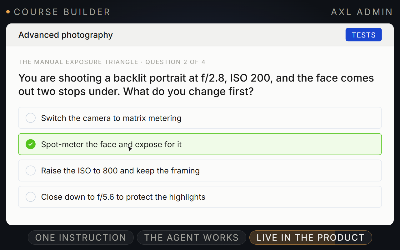 An AXL course test graded on the answer: the correct option marked against the pass threshold.