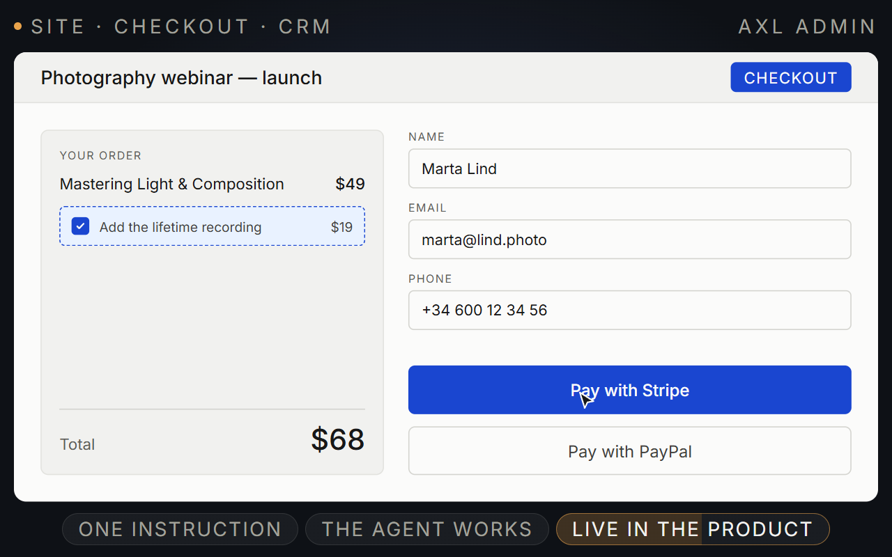 An AXL checkout taking an order: the chosen product, the $19 order bump ticked beneath the $49 total, and the payment button.