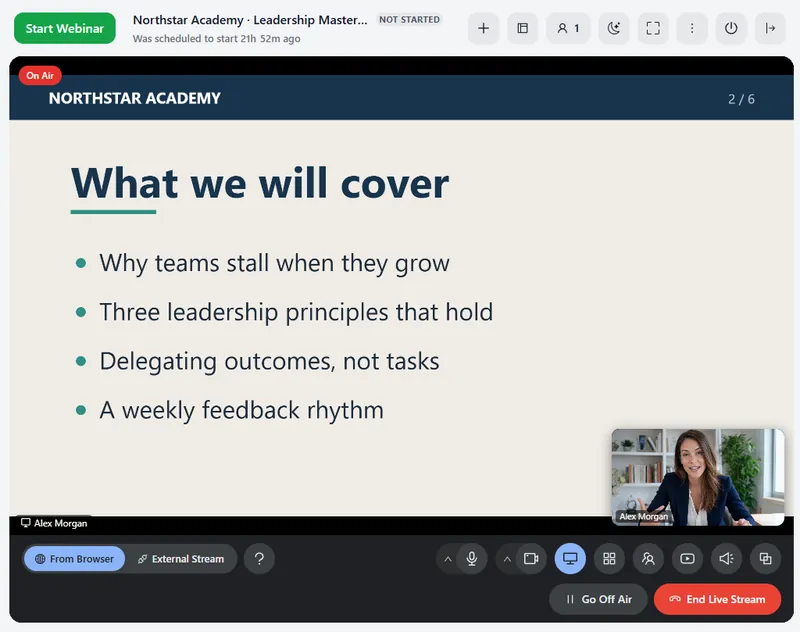 A live AXL webinar sharing a slide on air, with the presenter's camera floating in the corner and the studio controls below.