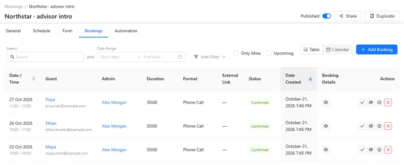 The list of bookings with guest, host, duration, format and status, and actions for each booking.