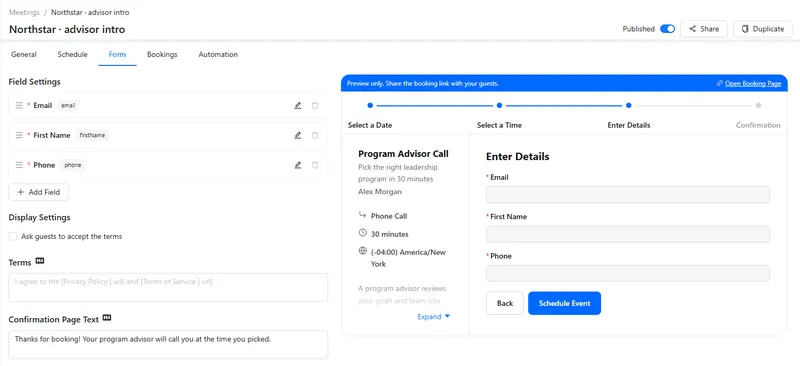 The booking form fields, terms checkbox and confirmation text, beside the form preview.