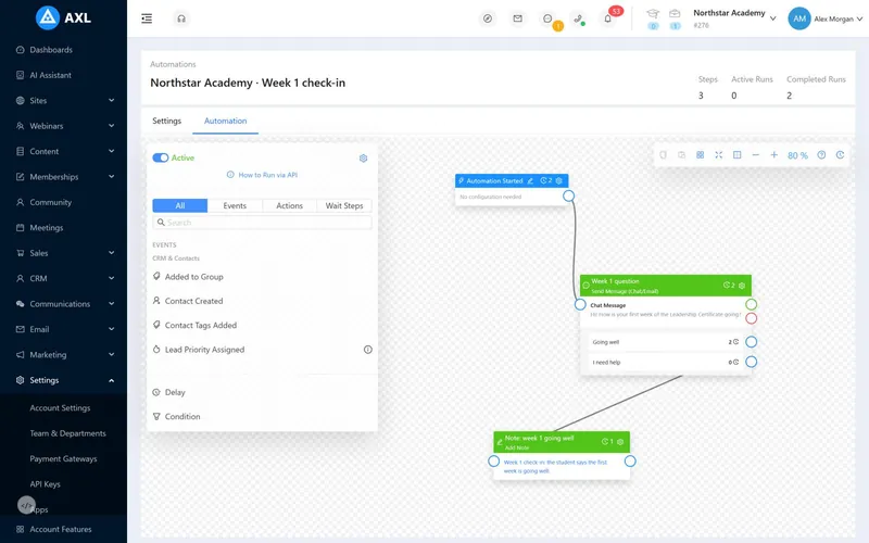 An active automation that asks students how their first week went, with reply buttons and a note for each answer; counters show how many contacts passed each step.
