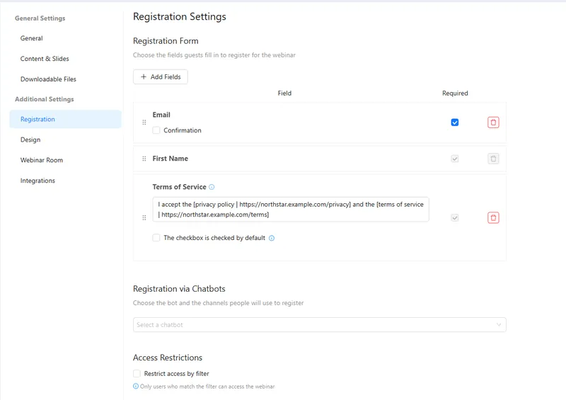 Webinar registration settings: the form fields, a terms of service checkbox, registration through a chatbot and access restrictions.