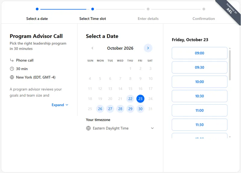 AXL booking page as a client sees it: the meeting description, a month calendar and the free time slots for the chosen day.