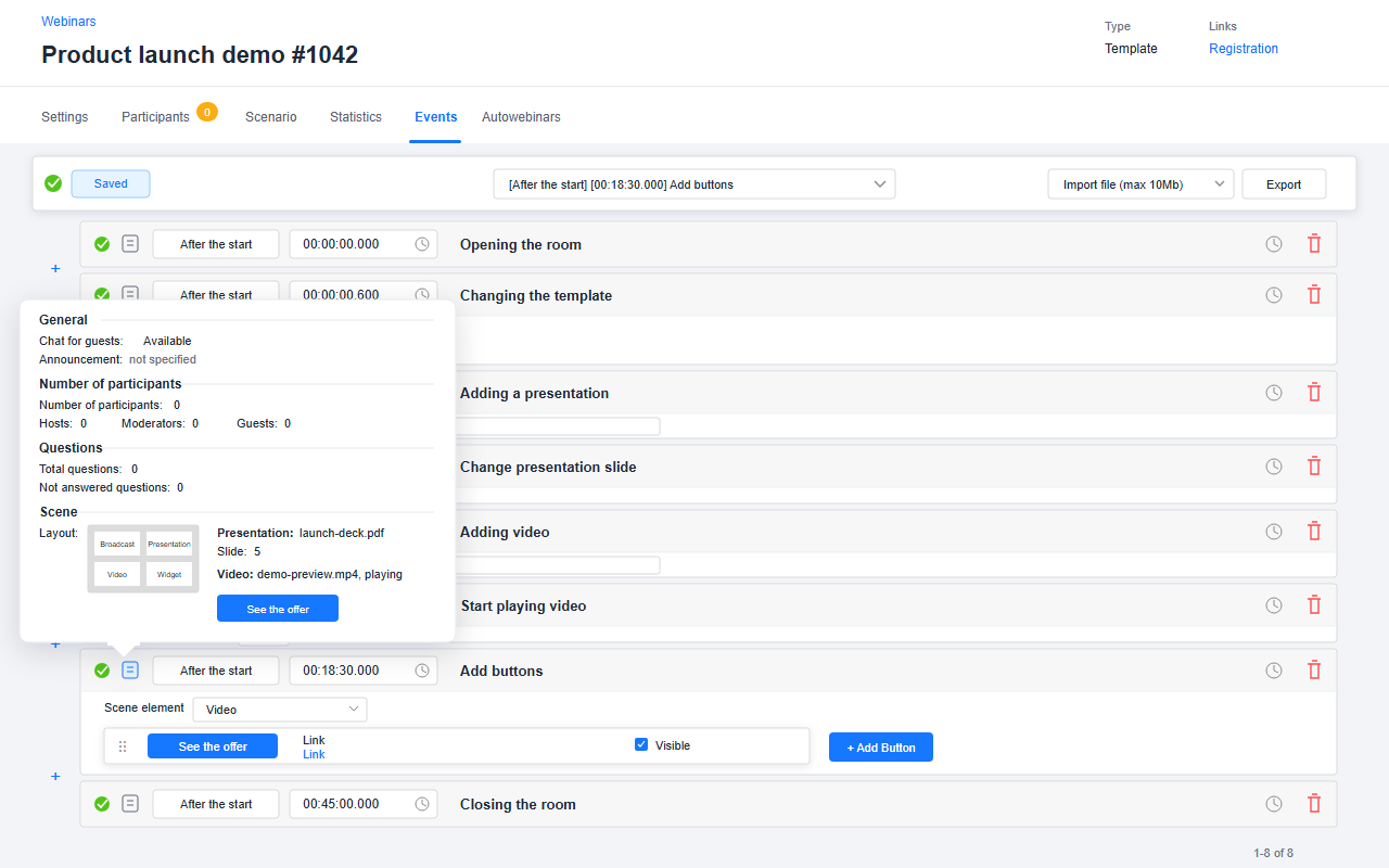 AXL Template webinar Events editor with eight vertical cards, millisecond timestamps and an open State panel.