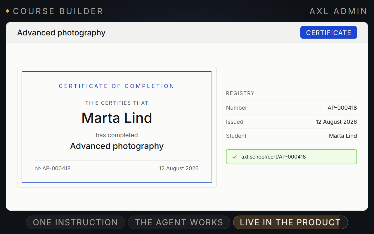An issued AXL certificate: the student and course names auto-filled, the series number, and its public verification link.