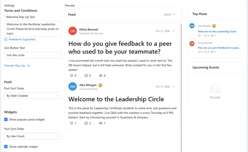 Community settings: welcome pop-up, join button, post order and widgets, beside a live preview of the feed.