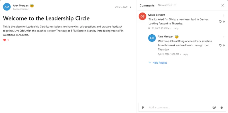 A community post opened in the portal, with a member's comment and a threaded reply.