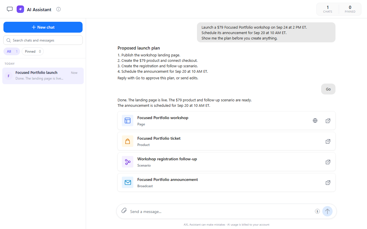 AXL AI Assistant turns a paid workshop request into a plan, then returns links to the page, product, scenario and broadcast.