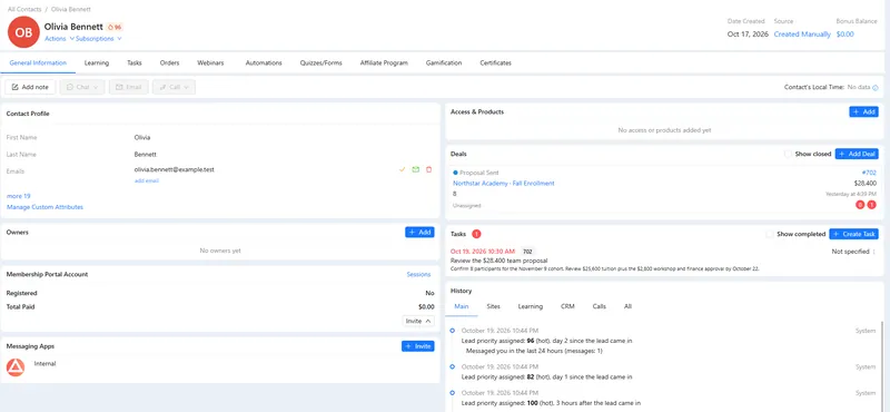A contact record with profile fields, owners, portal account, access and products, deals, tasks and the activity history.