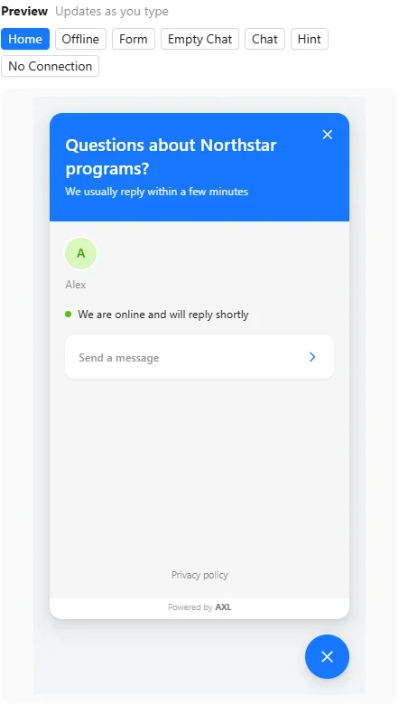 The chat widget home screen: greeting, team member and the message field.