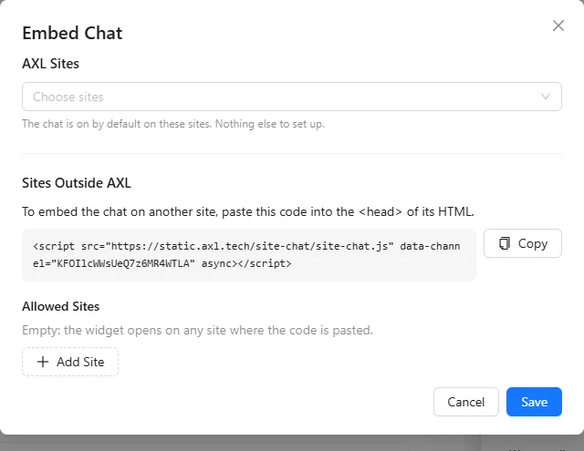 Embedding the chat: AXL sites with a switch, other sites with one line of code and allowed domains.