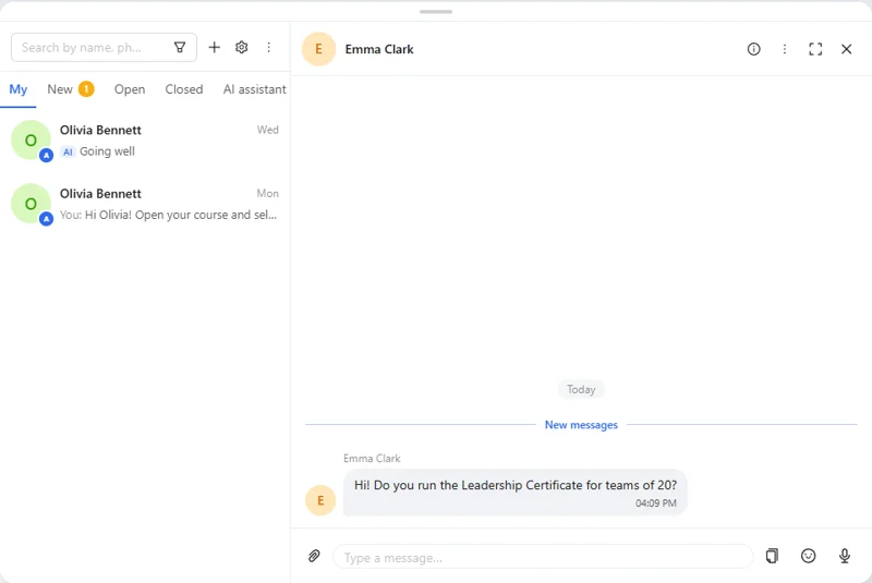 The inbox with the AI assistant tab and a customer conversation.