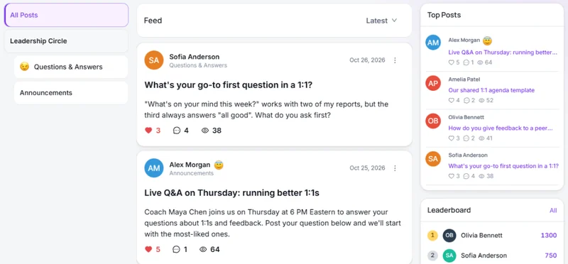 A community space in AXL: the member feed with posts, likes and comments.