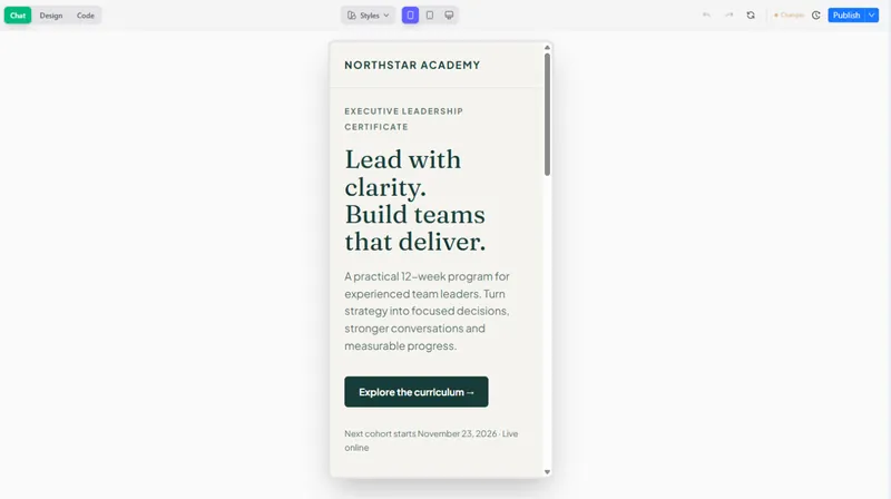 The same landing page in the editor's mobile preview.