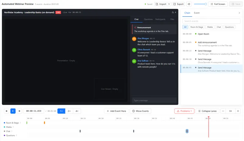The automated webinar editor: the room preview with scripted chat messages and the event timeline below it.