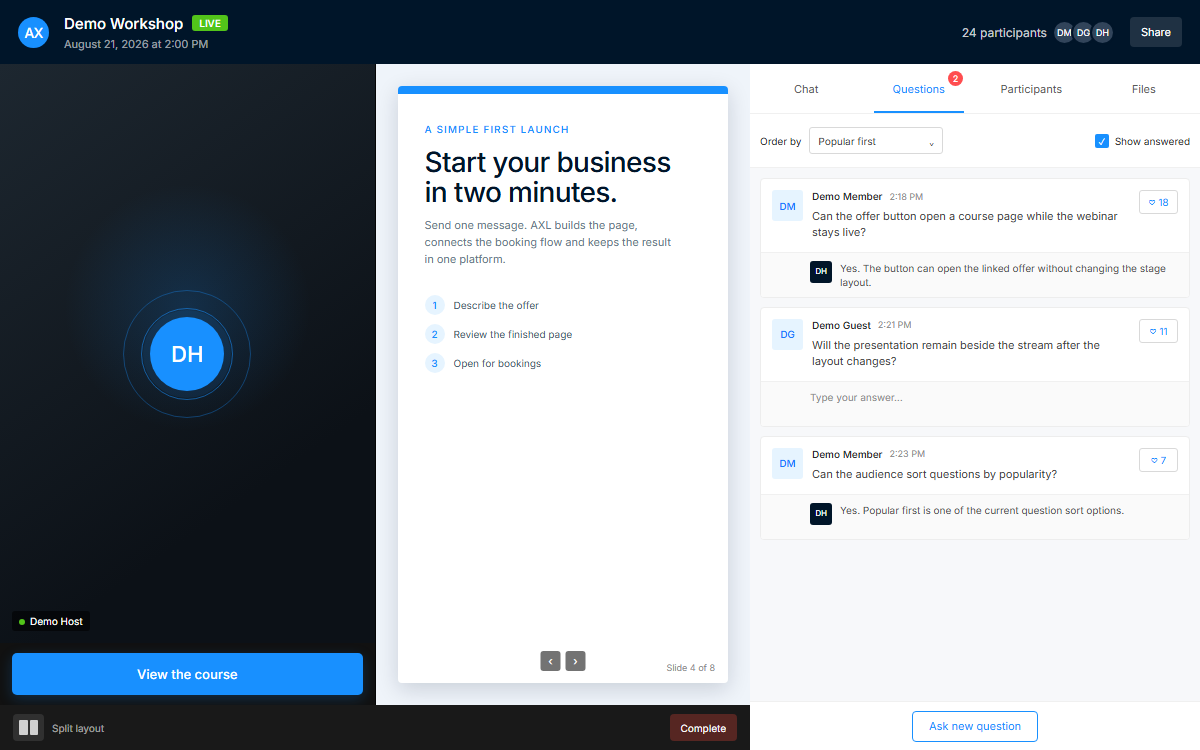 AXL live webinar room with stream and slides side by side, a visible offer button and moderated questions.