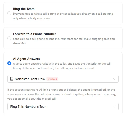 Who answers a number: ring the team, forward to a phone, or let an AI agent answer.