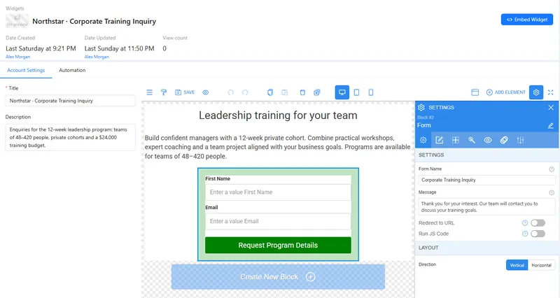 The widget editor with an inquiry form: the form canvas and its settings for the thank-you message, redirect and layout.