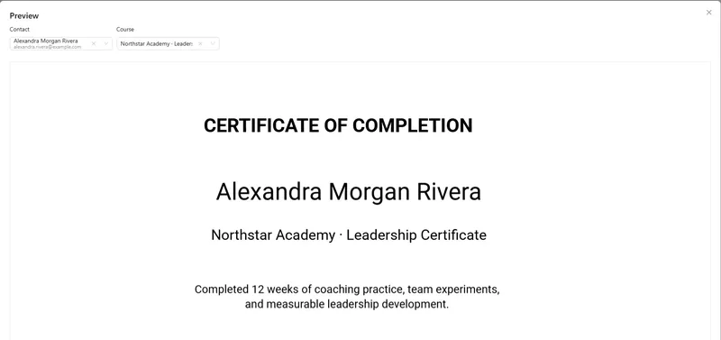 A completion certificate preview with the student's full name and the course name filled in.