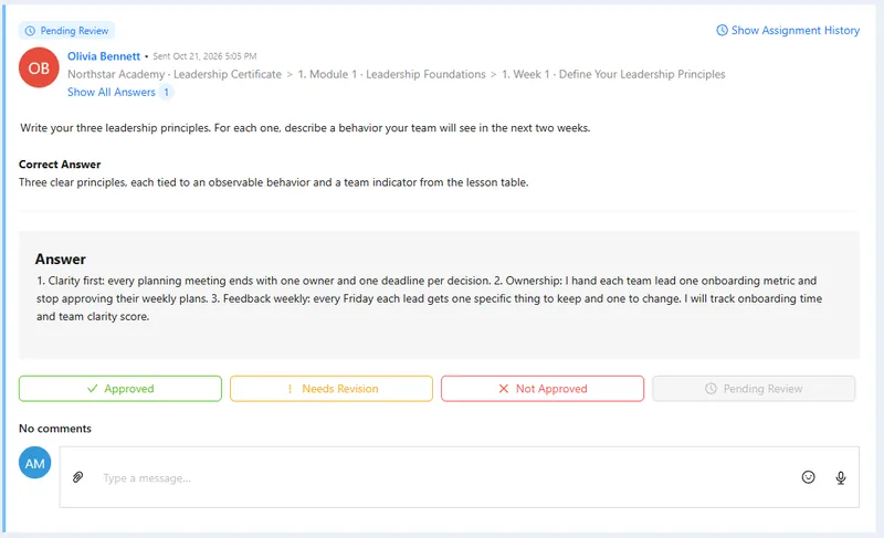 A student's homework answer in Assignment Review, shown next to the reference answer, with Approved, Needs Revision and Not Approved buttons.