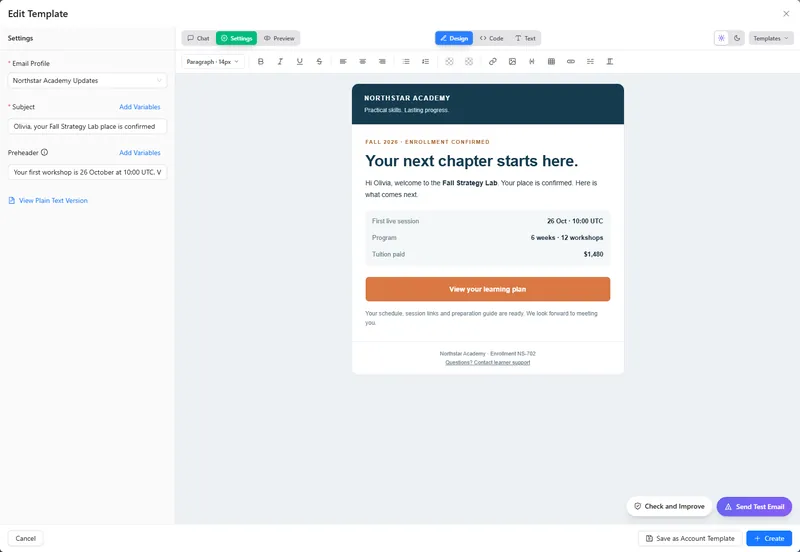AXL email editor with a branded course email open: the content blocks on the left, the live preview of the letter on the right.