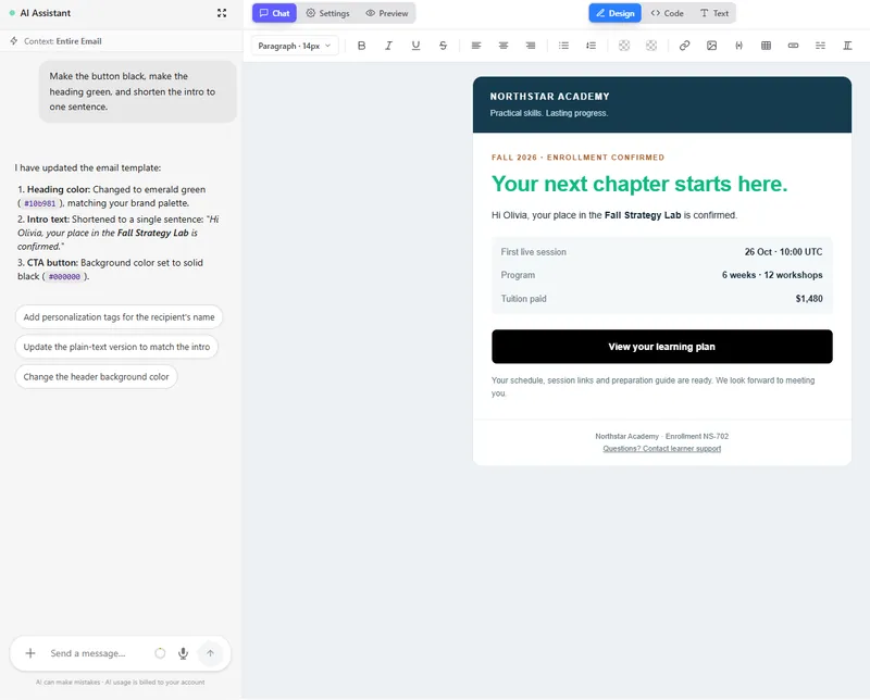 The AI Assistant inside the email editor: a request to change the button, heading and intro, and the updated email.