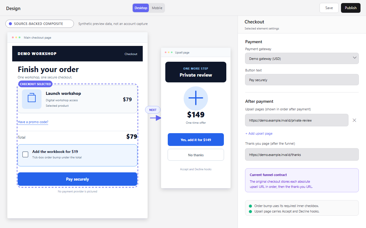 AXL checkout with a $19 order bump beneath a $79 total, plus upsell settings for a $149 offer.