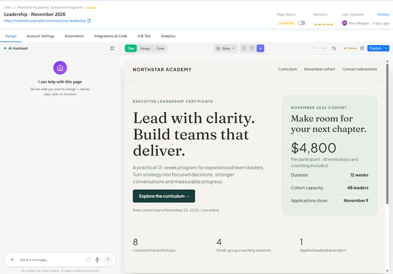 A landing page open in the AXL page editor, with the AI Assistant chat on the left and the live preview on the right.