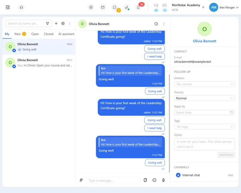The AXL chat inbox: conversations on the left, a chat with bot and AI replies in the middle, the contact card on the right.