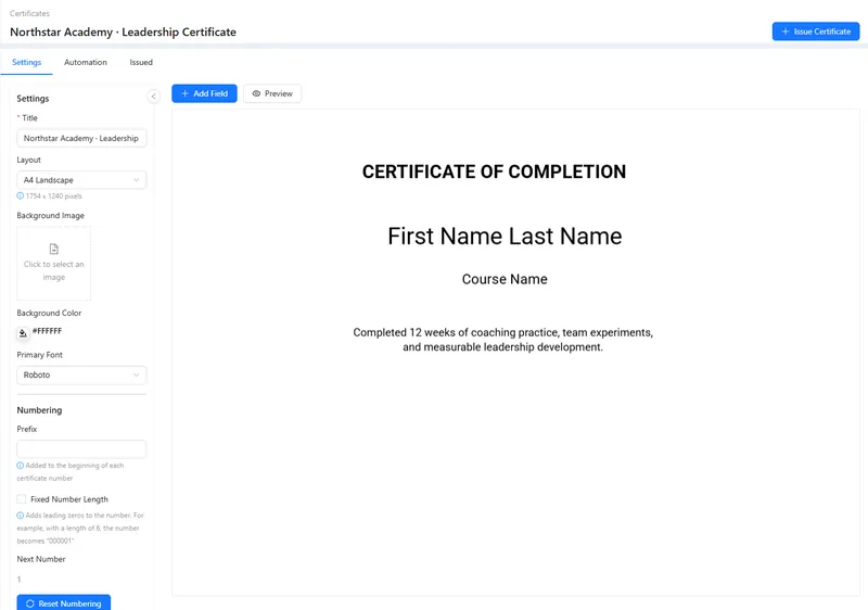 The certificate designer: layout, background, fonts and numbering on the left, the certificate with its name and course fields on the right.