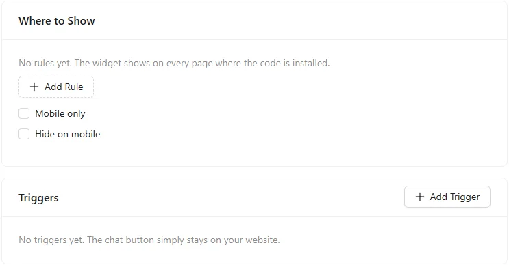 Where to show the chat: page rules, mobile only or hide on mobile, and triggers.