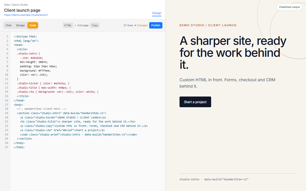 AXL Custom page Code view beside the rendered page, with matching studio-intro and data-build markers.