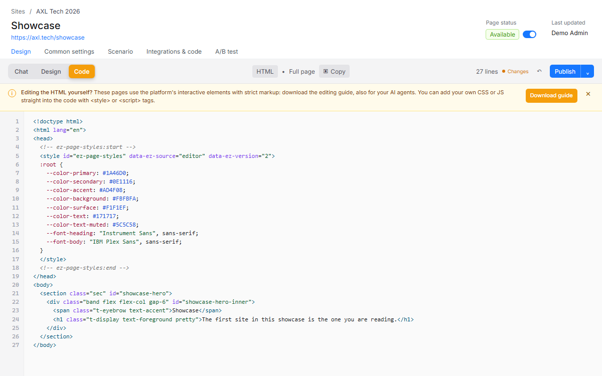 AXL Custom page Code view with the axl.tech palette tokens and body HTML.